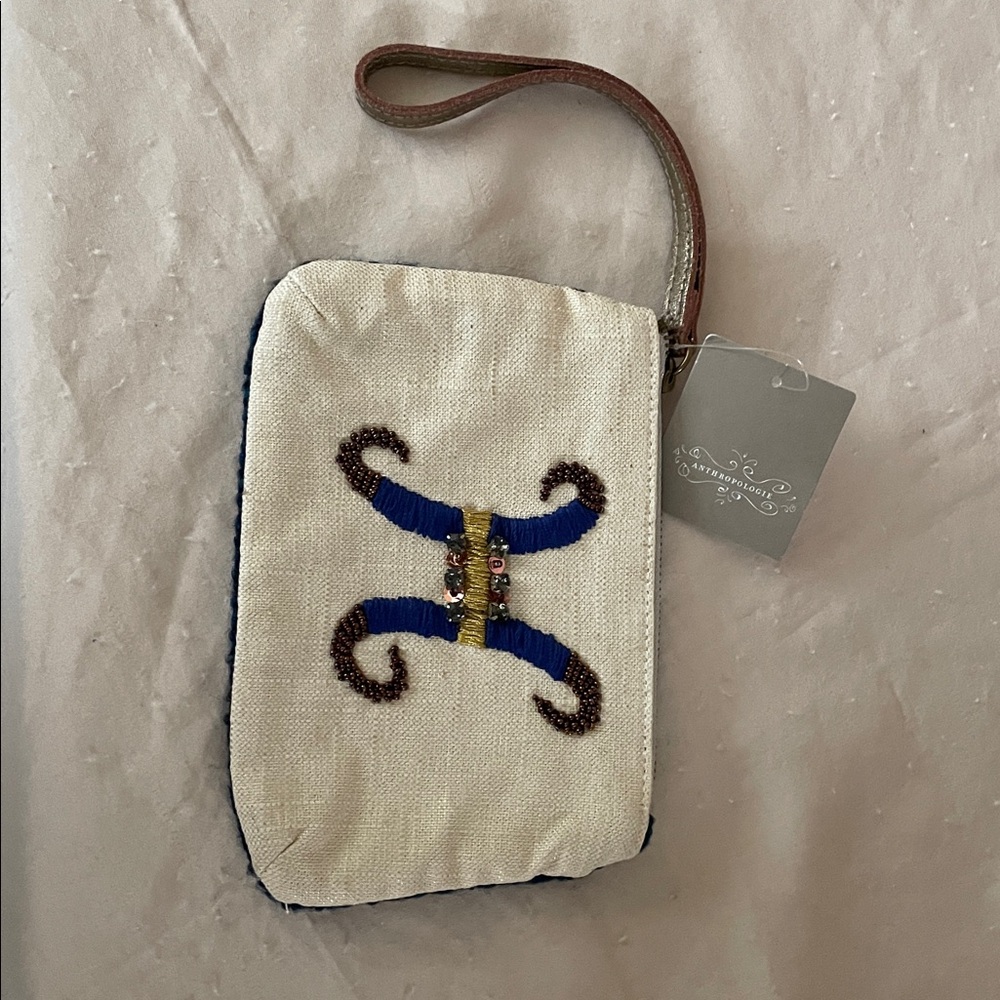 Anthropologie metallic Cream and Blue Initial Clutch/wristlet